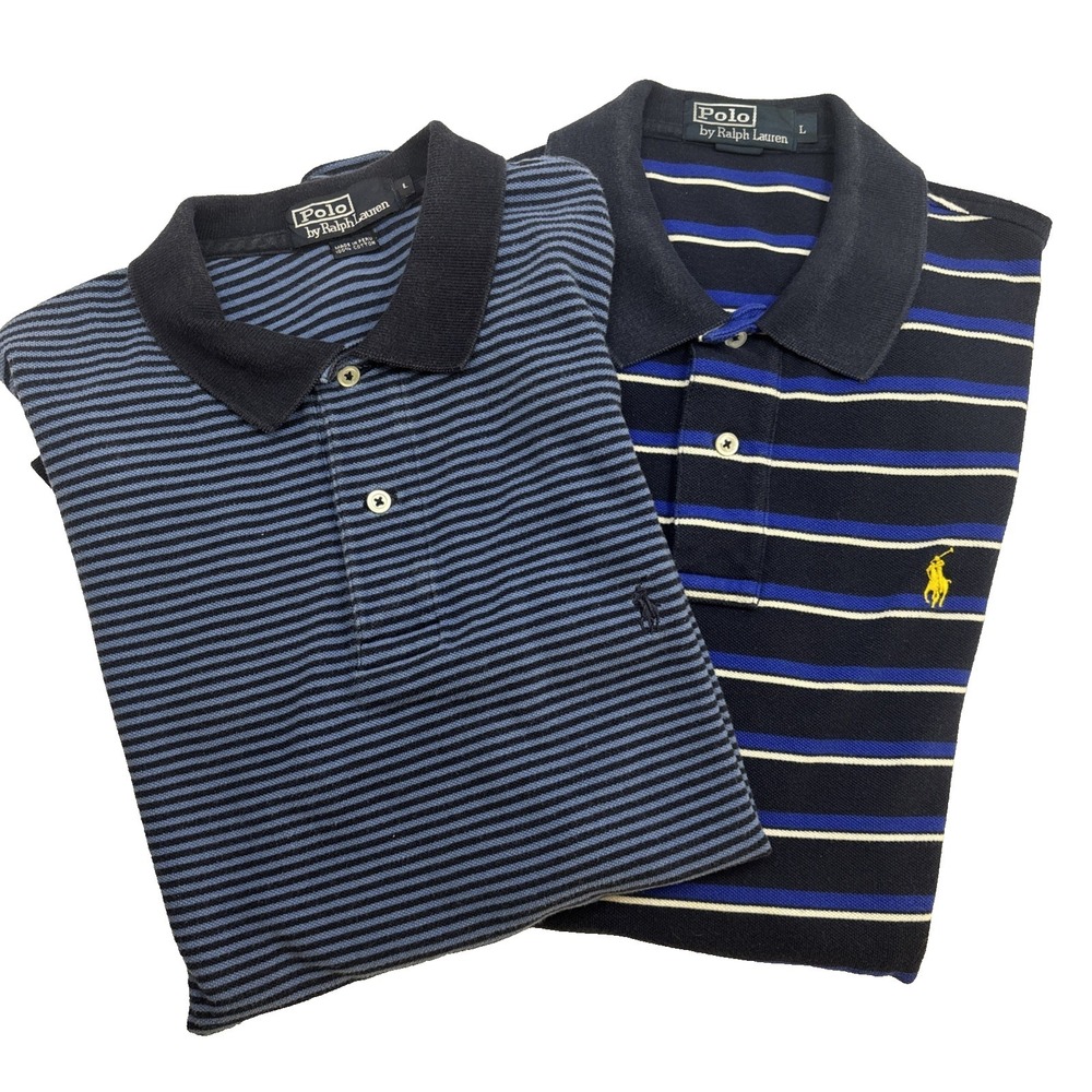 2 Polo Ralph Lauren Large Polos Blue Striped Short Sleeved Cotton Shirt Pony